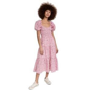 Moon River Pink Floral Feminine Puff Sleeve Midi Sundress XS Spring Tiered